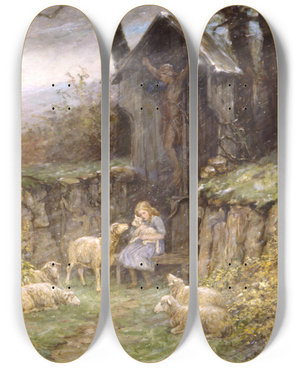 Triptych art skateboard deck of Frederick Stuart Church Refuge by Frederick Stuart Church (1842-1924)