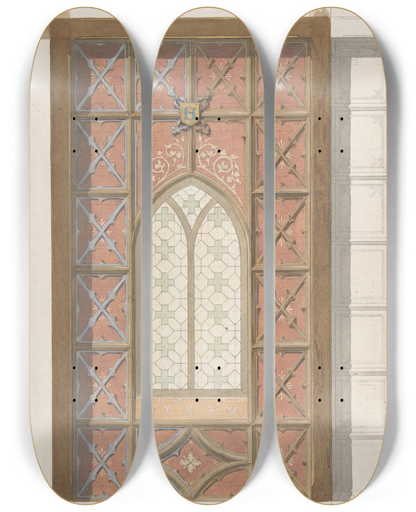 Triptych art skateboard deck of Julesedmondcharles Lachaise Design For Elevation Of Window Saint Clotilde by Jules-Edmond-Charles Lachaise (1897)
