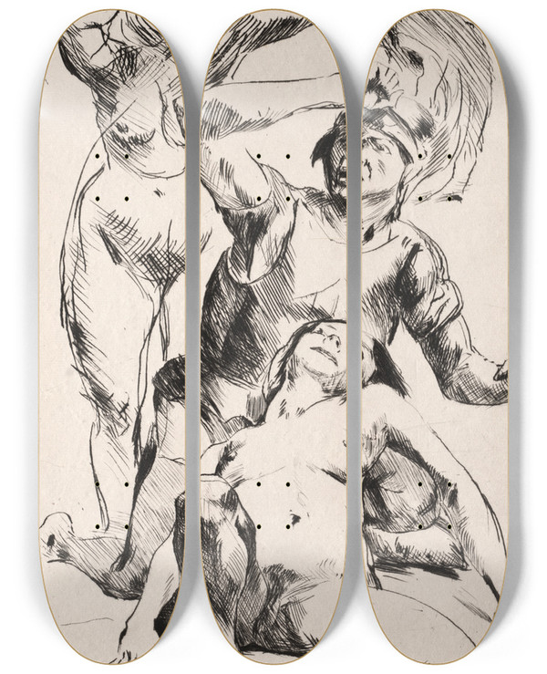 Triptych art skateboard deck of Lovis Corinth Theseus And Ariadne by Lovis Corinth (1858-1925)