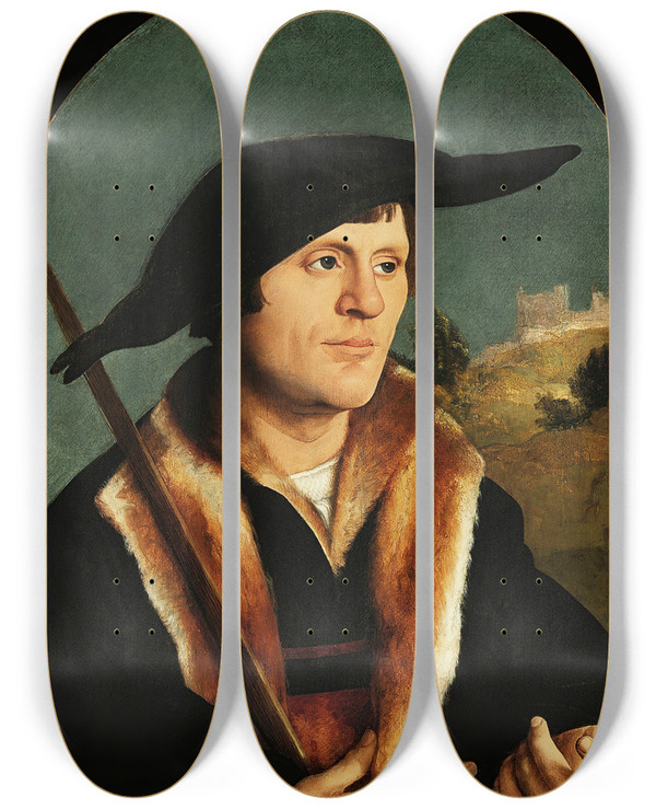 Triptych art skateboard deck of Jan Van Scorel Pilgrim by Jan Van Scorel (1495-1562)