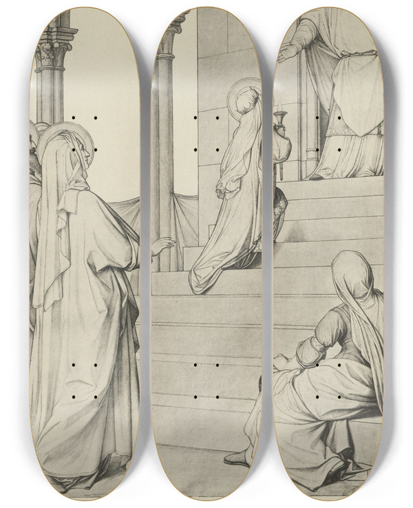 Triptych art skateboard deck of Eduard Von Steinle Tempelgang Mariae by Eduard Von Steinle (1810-1886)