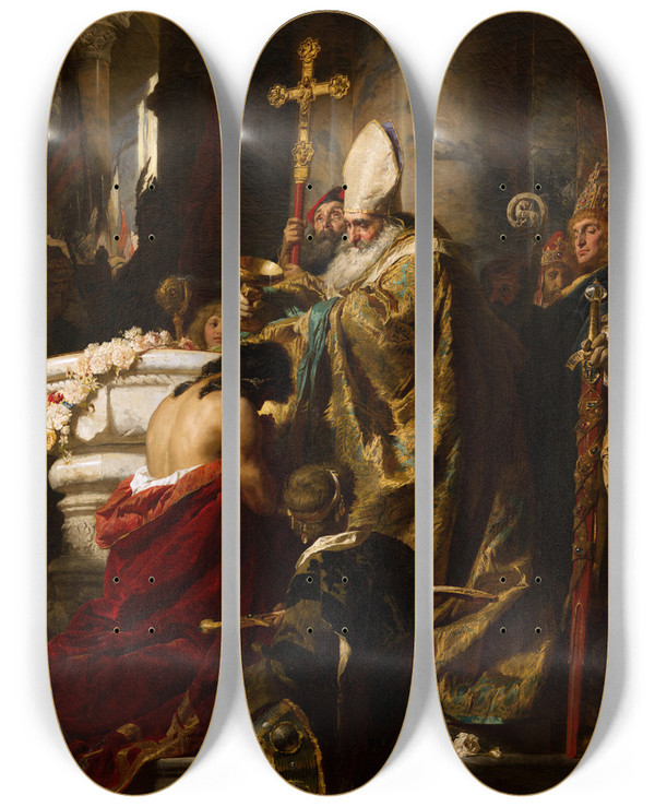 Triptych art skateboard deck of Gyula Benczr The Baptism Of Vajk by Gyula Benczur (1844-1920)