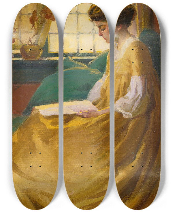 Triptych art skateboard deck of Mabel May Woodward Afternoon Respite by Mabel May Woodward (1877-1945)