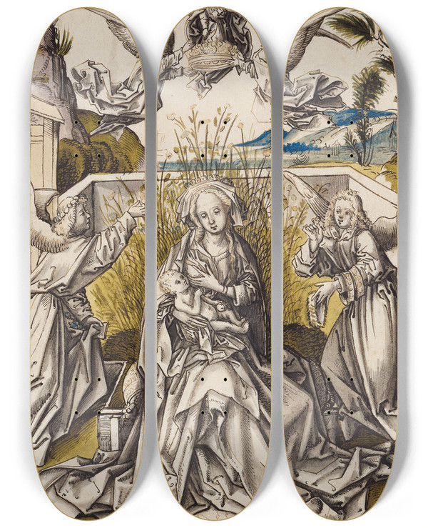 Triptych art skateboard deck of Workshop Of Hans Holbein The Elder Madonna With Angels In A Landscape by Workshop of Hans Holbein the elder (1460-1524)