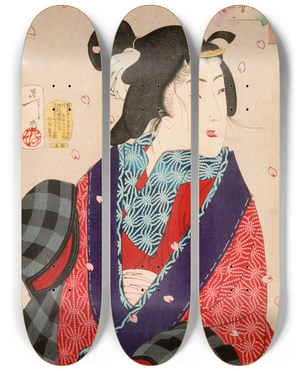 Triptych art skateboard deck of Tsukioka Yoshitoshi Wanting To Meet Someone A Courtesan Of The Kaei Period 18481853 by Tsukioka Yoshitoshi (1839-1892)