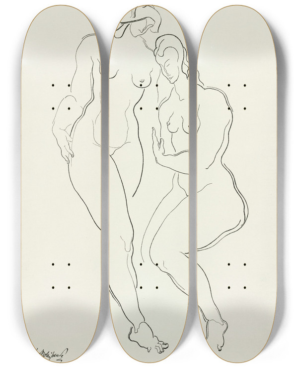 Triptych art skateboard deck of After Auguste Rodin Nude 3 by After Auguste Rodin (1840-1917)