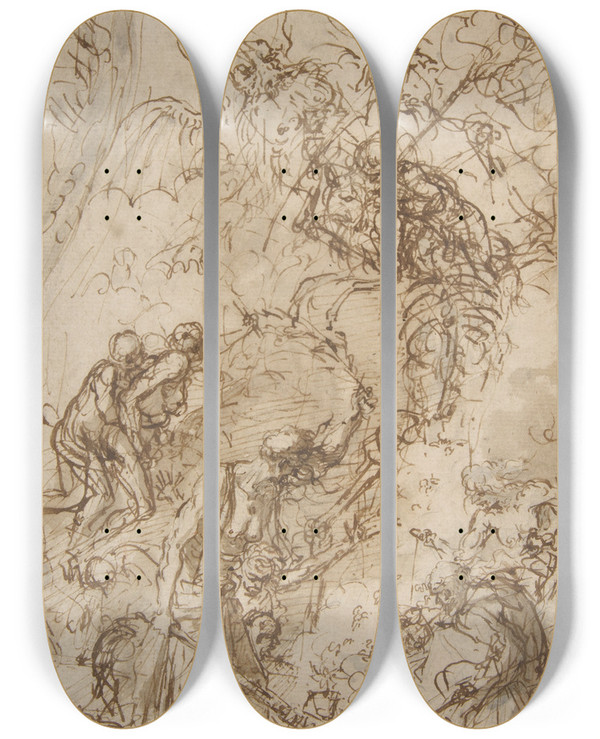 Triptych art skateboard deck of Salvator Rosa Witches Sabbath_2 by Salvator Rosa (1615-1673)
