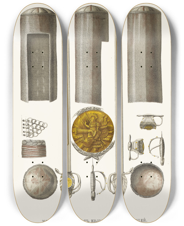 Triptych art skateboard deck of Fedor Grigoryevich Solntsev Mech I Misiurka S Kolchuzhnoi Barmitse by Fedor Grigoryevich Solntsev (1801-1892)