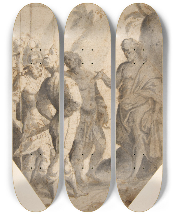 Triptych art skateboard deck of Giovanni Battista Trotti Saint John The Baptist Preaching To A Group Of Soldiers by Giovanni Battista Trotti (1555-1612)