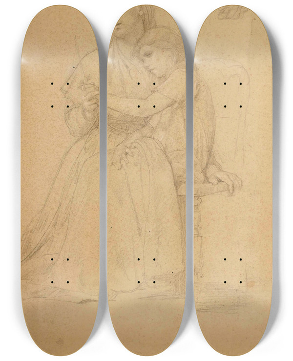 Triptych art skateboard deck of William Bouguereau Mre Et Enfant Priant Et Tude Subsidiaire De Main Et Dun Enfant Assis by William Bouguereau (1825-1905)
