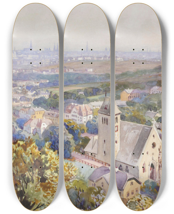 Triptych art skateboard deck of Anton Reckziegel Sievering Mit Blick Ber Wien by Anton Reckziegel (1865-1936)
