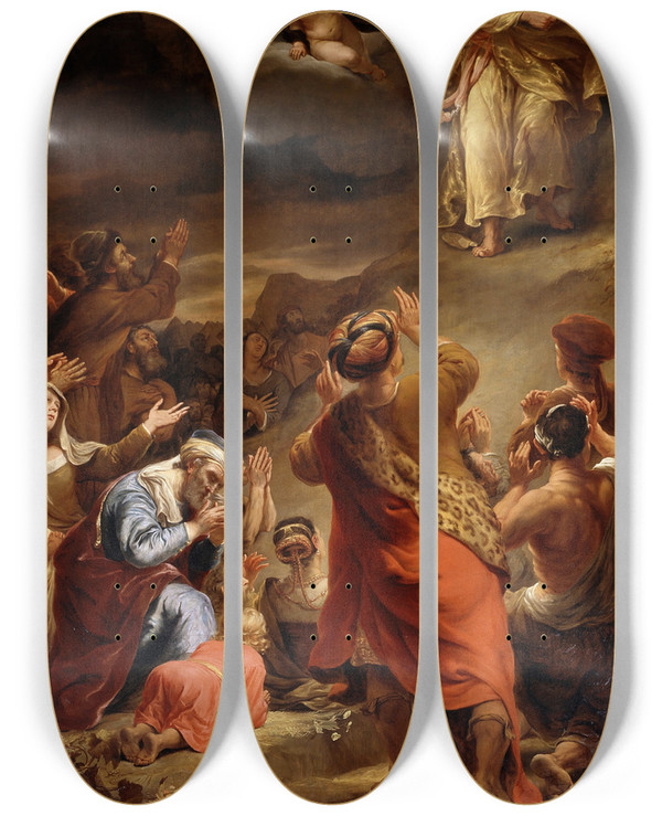 Triptych art skateboard deck of Ferdinand Bol Moses Descends From Mount Sinai With The Ten Commandments by Ferdinand Bol (1616-1680)