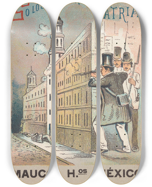 Triptych art skateboard deck of Jos Guadalupe Posada Biblioteca Del Nio Mexicano El Ao Fatal Los Desastres De La Patria by Jose Guadalupe Posada (1852-1913)