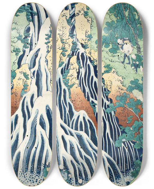 Triptych art skateboard deck of Katsushika Hokusai Falls Of Kirifuri At Mt Kurokami Shimotsuke Province by Katsushika Hokusai (1760-1849)