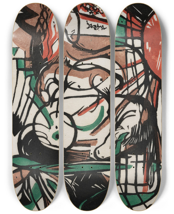 Triptych art skateboard deck of Franz Marc The Birth Of Horses by Franz Marc (1880-1916)