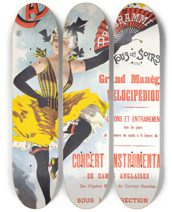 Triptych art skateboard deck of Jean De Paleologue Grand Manege Velocipedique by Jean de Paleologue (1855-1942)