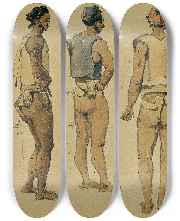 Triptych art skateboard deck of Joseph Selleny Eingeborene Der Stewart Island Stewartinsel_1 by Joseph Selleny (1824-1875)