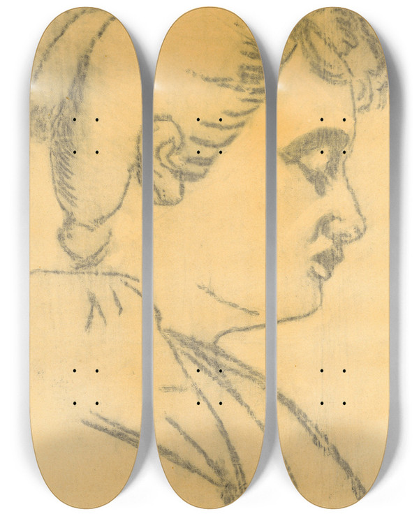 Triptych art skateboard deck of Cyril Kutlk Womans Head In Profile by Cyril Kutlik
