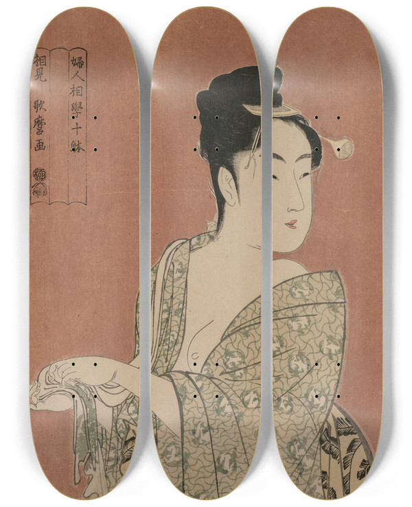 Triptych art skateboard deck of Kitagawa Utamaro The Faddish Type From The Series Ten Types In The Physiognomy Of Women by Kitagawa Utamaro (1753-1806)