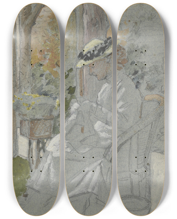 Triptych art skateboard deck of Otto Scholderer Luise Scholderer Auf Der Veranda by Otto Scholderer (1834-1902)