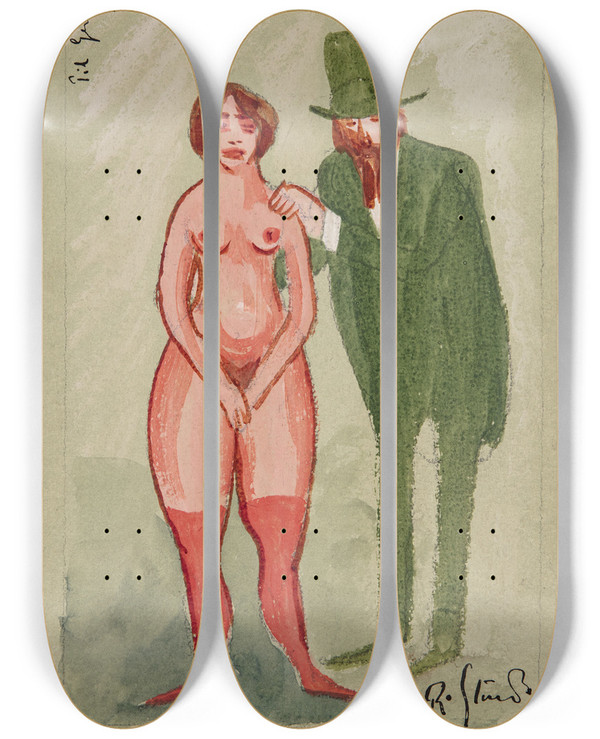 Triptych art skateboard deck of Robert Storm Petersen Rosa Dame Og Grn Mand by Robert Storm Petersen (1882-1949)