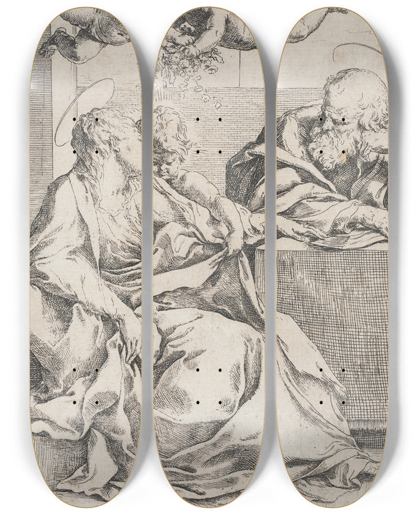 Triptych art skateboard deck of Guido Reni The Holy Family With Two Angels by Guido Reni (1575-1642)