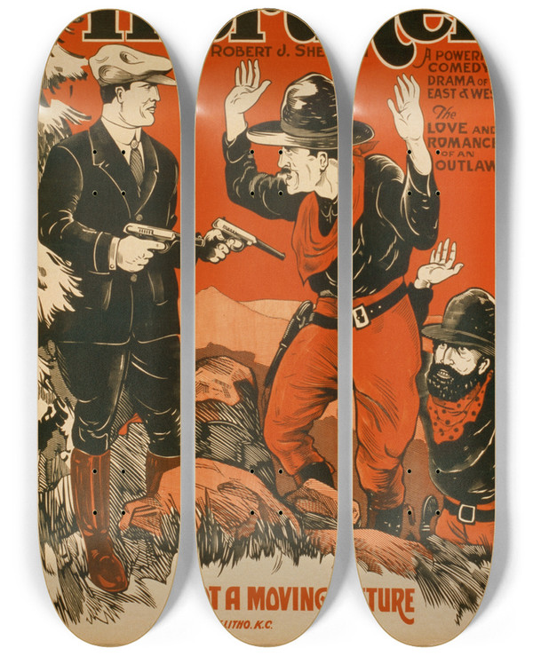 Triptych art skateboard deck of Quigley Litho Co The Intruder by Quigley Litho Co (19-20-)
