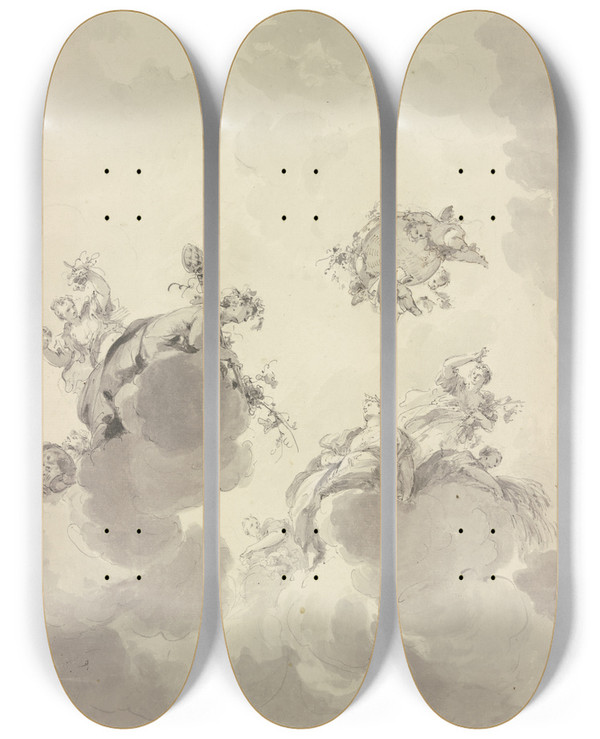 Triptych art skateboard deck of Jacob De Wit Bacchus And Ceres by Jacob de Wit (1695-1754)
