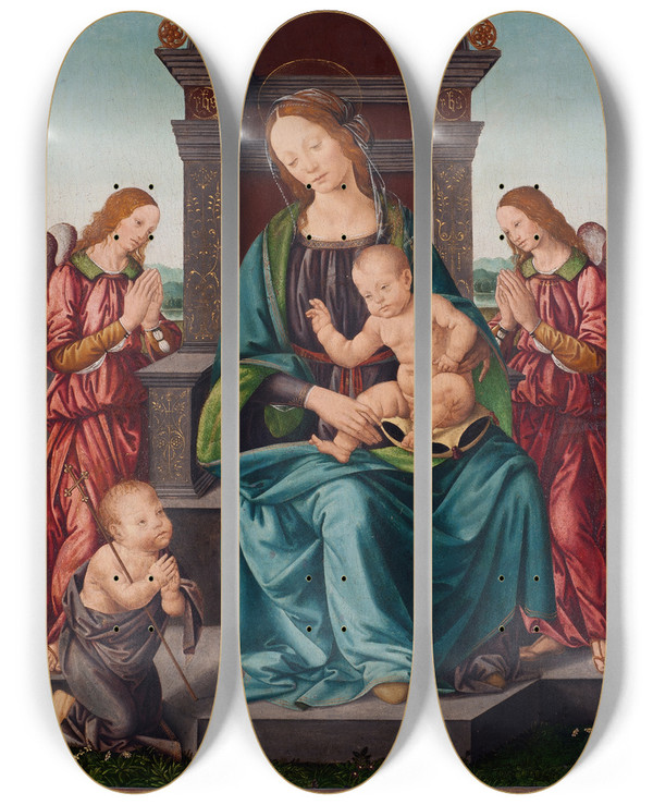 Triptych art skateboard deck of Lorenzo Di Credi Madonna And Child With The Infant St John And Angels by Lorenzo di Credi (1459-1537)