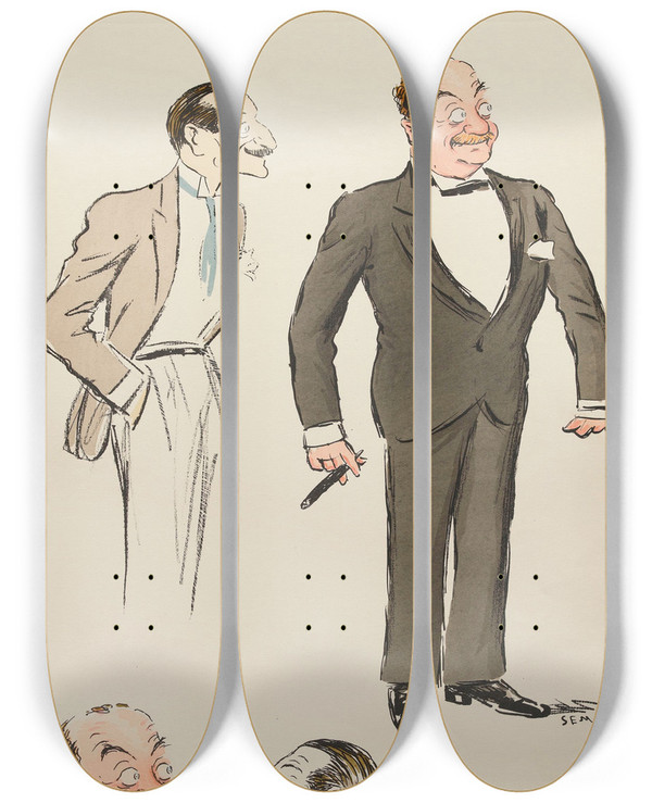 Triptych art skateboard deck of Georges Goursat Sem Quatre Tudes De Deux Personnages Masculins by Georges Goursat (Sem) (1863-1934)