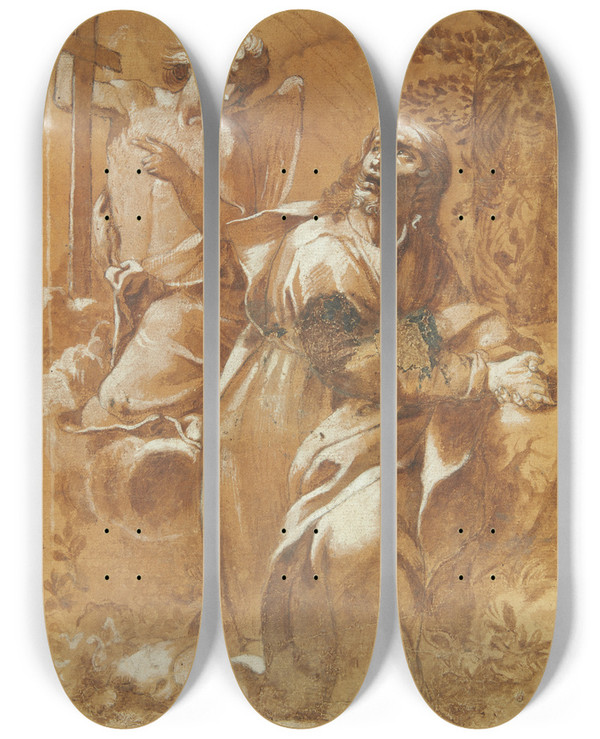 Triptych art skateboard deck of Raffaellino Dal Colle Jesus I Gethsemane Have by Raffaellino dal Colle