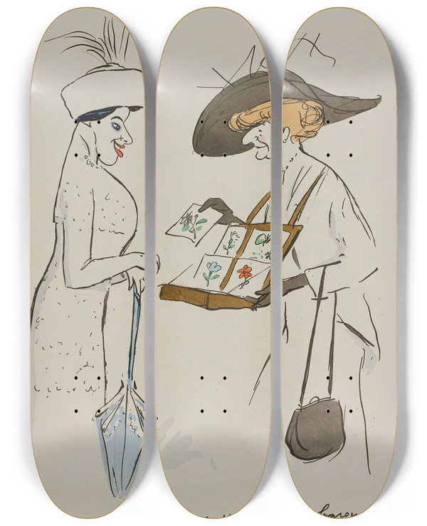 Triptych art skateboard deck of Georges Goursat Sem La Baronne Henri De Rothschild Et Mathilde Say See by Georges Goursat (Sem) (1863-1934)