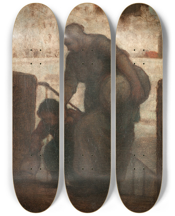 Triptych art skateboard deck of Honor Daumier Une Laveuse Au Quai Danjou Laundress On The Quai Danjou by Honore Daumier (1808-1879)