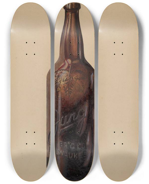 Triptych art skateboard deck of Herman O Stroh Beer Bottle by Herman O Stroh