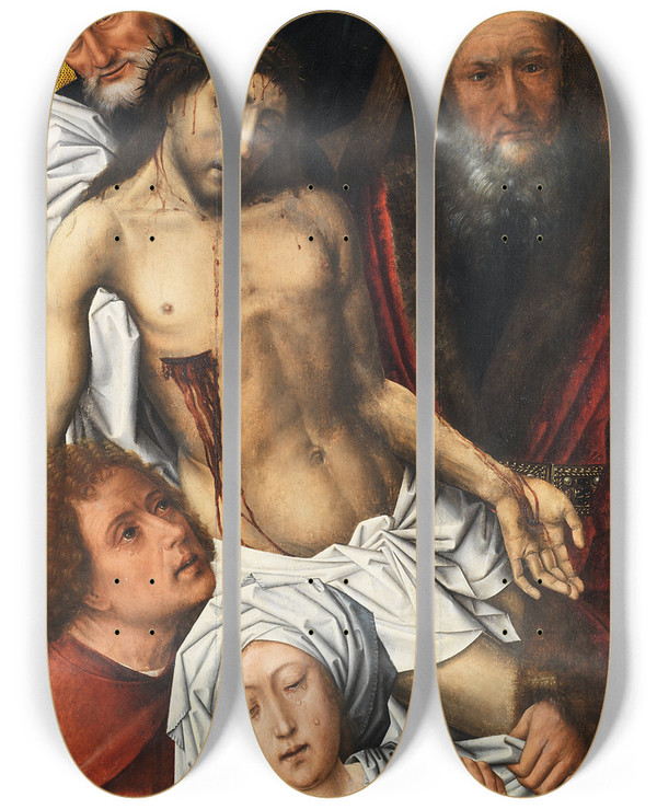 Triptych art skateboard deck of Colijn De Coter The Descent From The Cross by Colijn De Coter (1446-1538)