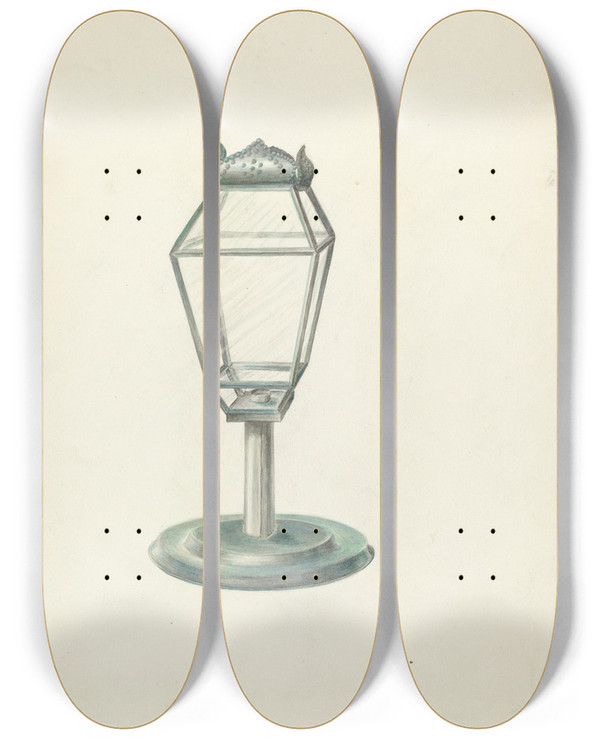 Triptych art skateboard deck of Ruth Buker Lantern by Ruth Buker