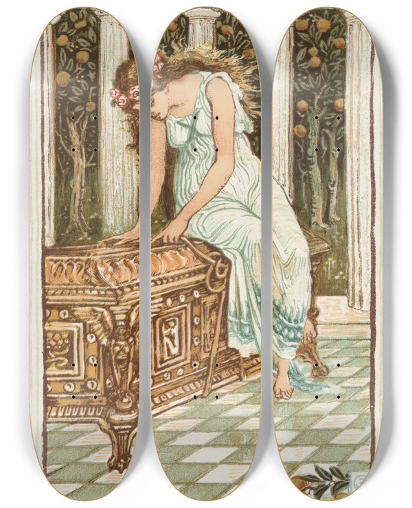 Triptych art skateboard deck of Walter Crane Pandora Desires To Open The Box by Walter Crane (1845-1915)