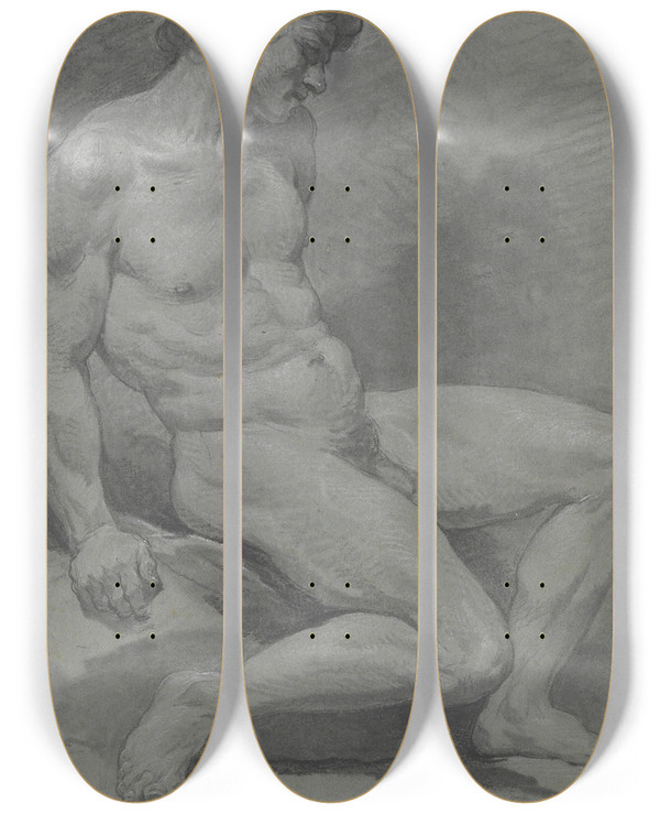 Triptych art skateboard deck of Nicolas Bernard Lpici Seated Male Nude Facing Right by Nicolas Bernard Lepicie (1735-1784)
