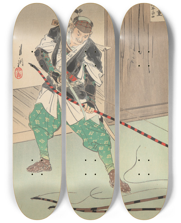 Triptych art skateboard deck of Gata Gekk Cutting The Bow Strings by Ogata Gekko (1859-1920)