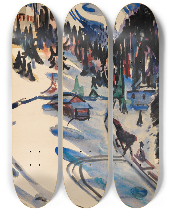 Triptych art skateboard deck of Ernst Ludwig Kirchner Sertigtal Im Winter by Ernst Ludwig Kirchner (1880-1938)