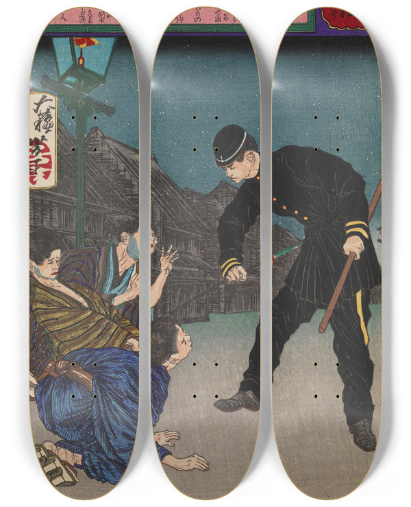 Triptych art skateboard deck of Tsukioka Yoshitoshi The Brave Policeman Taguchi Naokatsu Arresting Three Burglars Singlehandedly by Tsukioka Yoshitoshi (1839-1892)