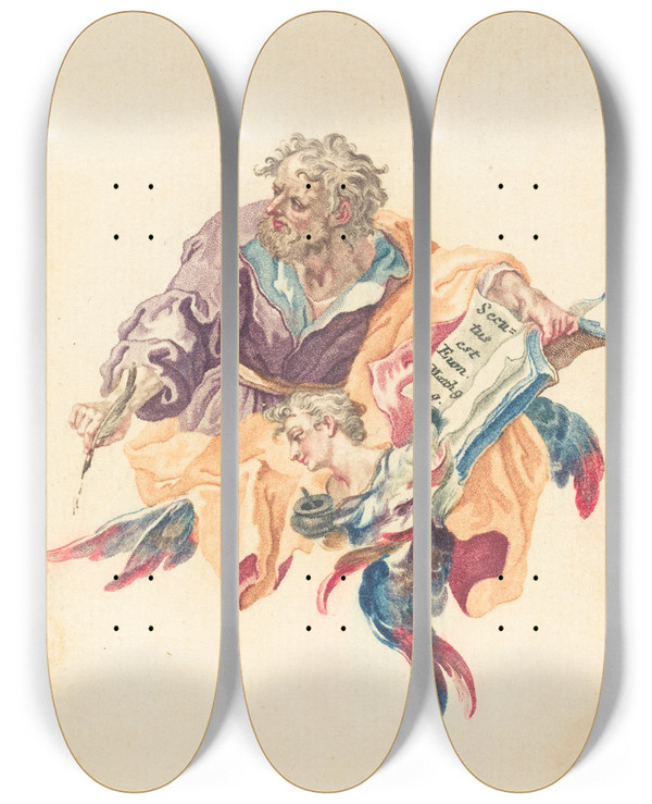 Triptych art skateboard deck of Gottfried Bernhard Gtz Saint Matthew The Evangelist by Gottfried Bernhard Gotz (1708-1774)