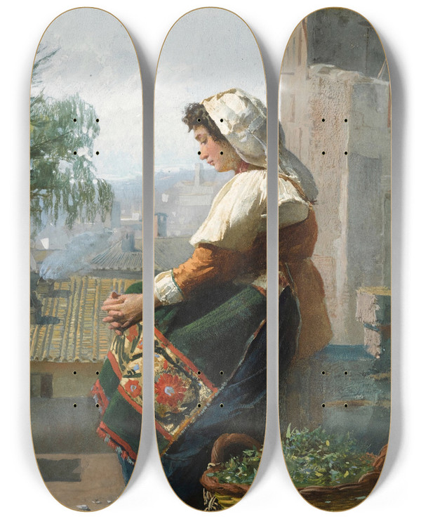 Triptych art skateboard deck of Josep Tapir Bar An Italian Beauty by Josep Tapiro Baro (1836-1913)