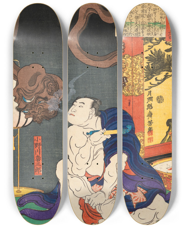 Triptych art skateboard deck of Tsukioka Yoshitoshi The Wrestler Onogawa Kisabur Blowing Smoke At A Oneeyed Monster by Tsukioka Yoshitoshi (1839-1892)