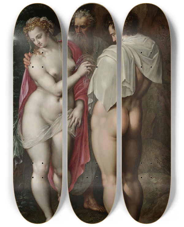 Triptych art skateboard deck of Jacob De Backer Adam And Eve by Jacob De Backer (1555-1585)