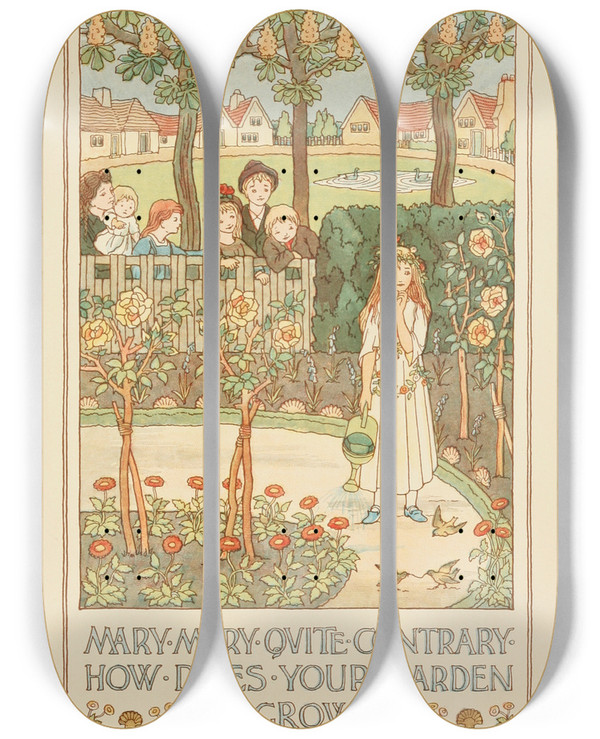 Triptych art skateboard deck of F D Bedford Mistress Mary by F. D. Bedford
