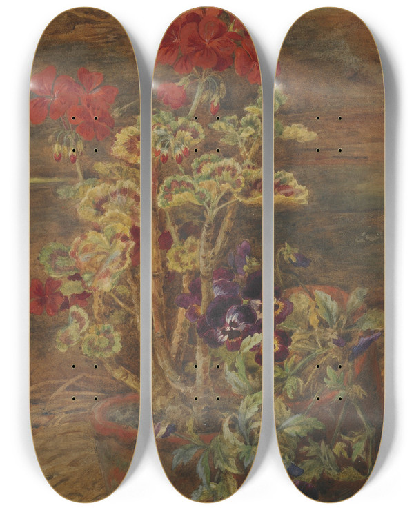 Triptych art skateboard deck of John Henry Hipsley Geraniums And Pansies by John Henry Hipsley