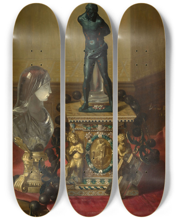 Triptych art skateboard deck of Blaisealexandre Desgoffe At The Louvre by Blaise-Alexandre Desgoffe (1830-1901)