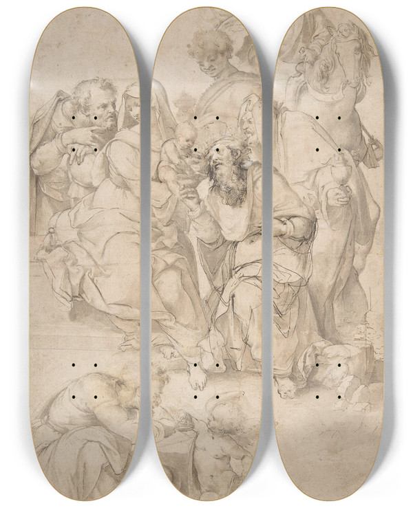 Triptych art skateboard deck of Nosadella Giovanni Francesco Bezzi The Adoration Of The Magi by Nosadella (Giovanni Francesco Bezzi) (1549-1571)