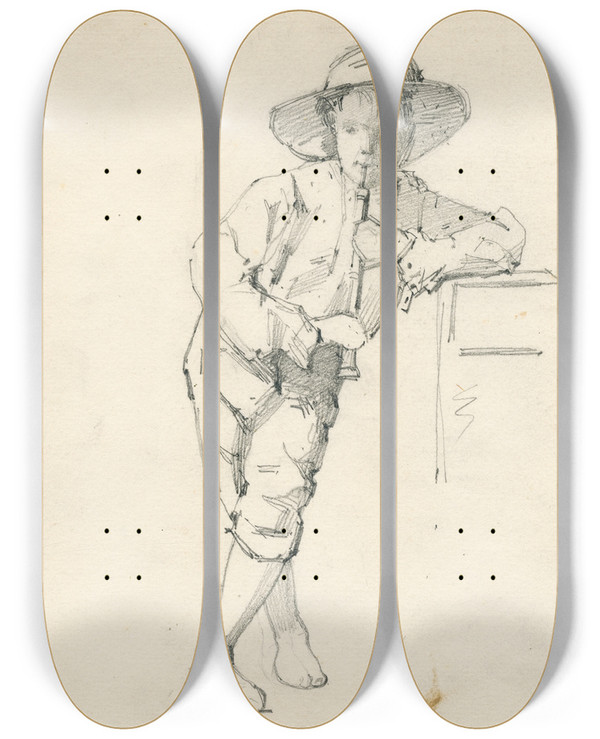 Triptych art skateboard deck of Floris Verster Boy Playing An Oboe by Floris Verster (1861-1927)